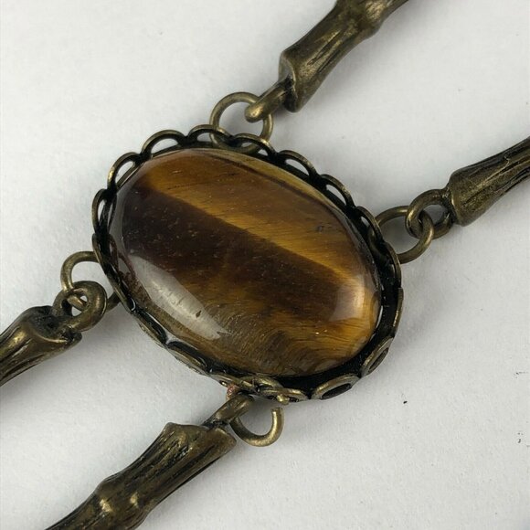 Vintage Brass Tone Necklace 30" Triple Tiger's Eye Stone - Picture 5 of 6